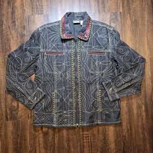 Chico's Dark Jean Jacket with Gold and Red Details Chicos Size 1